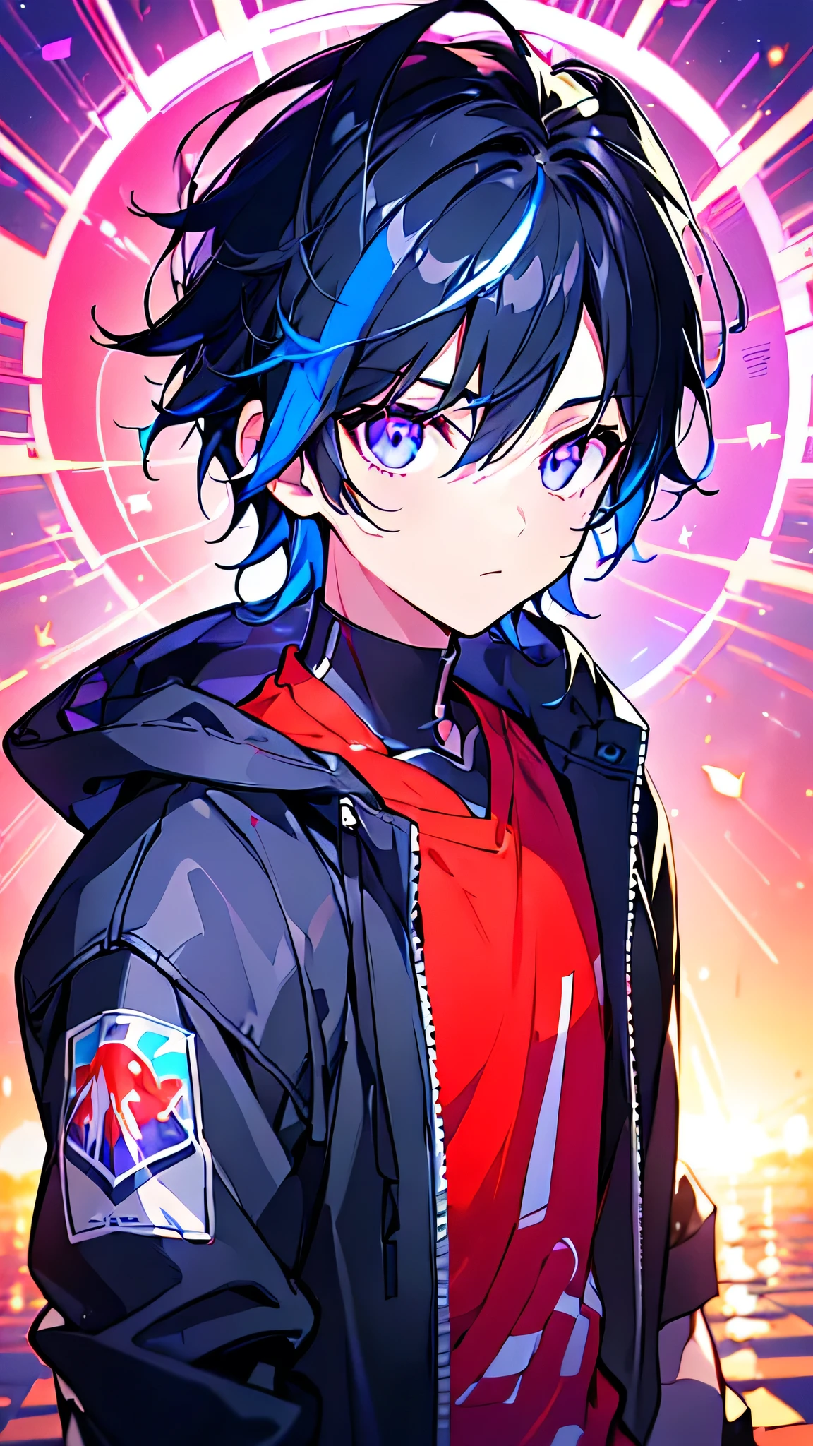 [(RED BACKGROUND:1.5),::5], ((((masterpiece)))), high quality, ultra very high resolution, full color, (((solo))), (()), BLACK hair, ((Blue streaked hair)), (Purple eyes), anime, ((upper body)), Summer clothes, neon light, black parka,