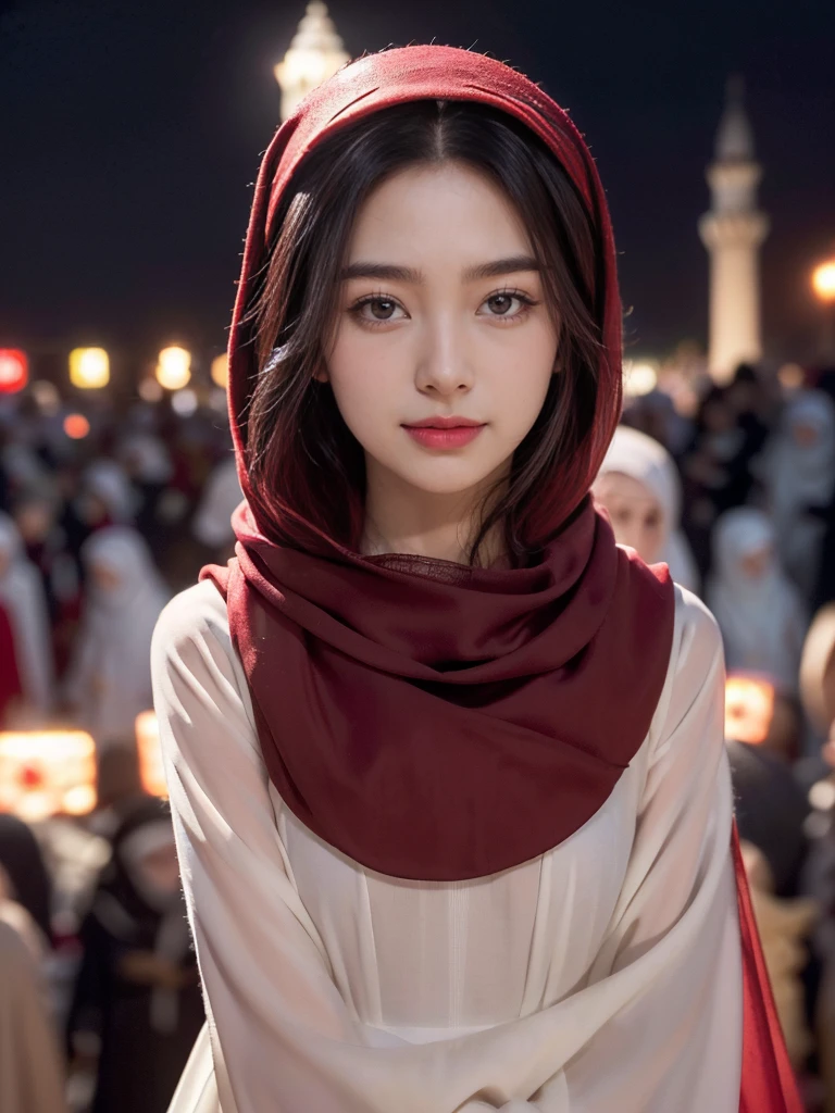 ((((8k))),((Extremely meticulous CG)) ,(wallpaper),16k,((Extremely refined and beautiful)),(((Masterpiece))),(((best qualtiy))),(((Ultra High Resolution))),beautiful light up,Perfect lightning,realistic shaded,Rembrandt lighting,(bright light:1.3),(neon lights:1.2),cinematic atomosphere,(Smooth and flawless fair skin:1.5),(pale skin:1.3),Extremely exquisite facial details,(perfect body:1.1),ultra-detailed,(A beautiful Uyghur girl:1.2),solo,(small head:1.2),(Uyghur dreadlocks:1.1),(small face:1.2),Exquisite makeup,(small breasts:1.2),(flat chests:1.2),(slim,thin),(happy:1.2),(smile:1.2),(maxi gorgeous Exquisitely embroidered Red abaya:1.5),outdoor,(night scene:1.5),(Standing:1.3),(arms behind back:1.3),(In front of the majestic Mosque:1.5),(On the square:1.2),(In Kashgar:1.2),(detailed background:1.5),(close-up of face:1.3),(from front:1.3),(Surrounded by crowded crowds:1.5),(winter:1.2)