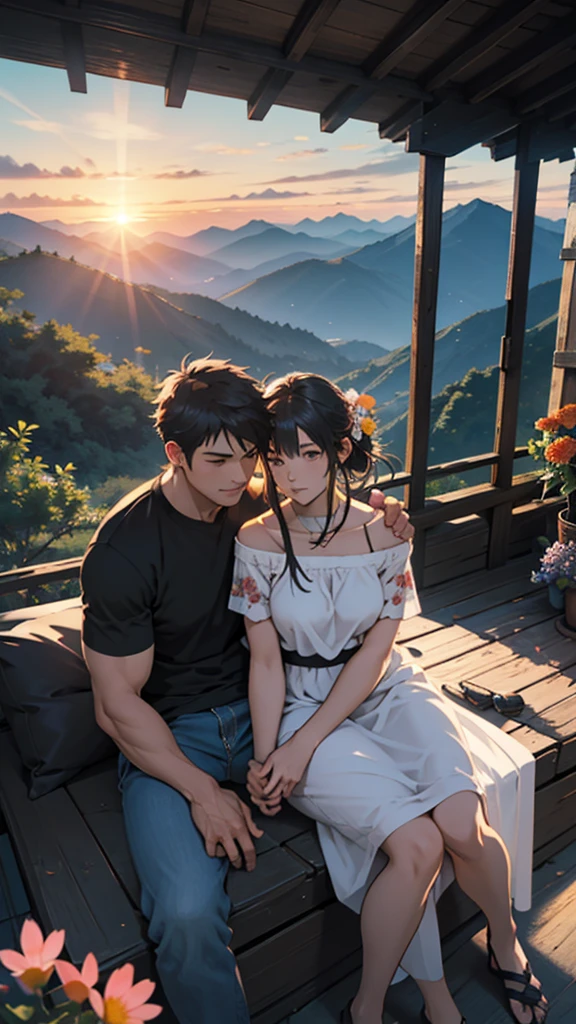 a beautiful home, a boy and girl sitting on the mountain watching the sunset, mountains, flowers, sunset, sunny, couple short clothes, big hips, moody color, anime style, sharpness