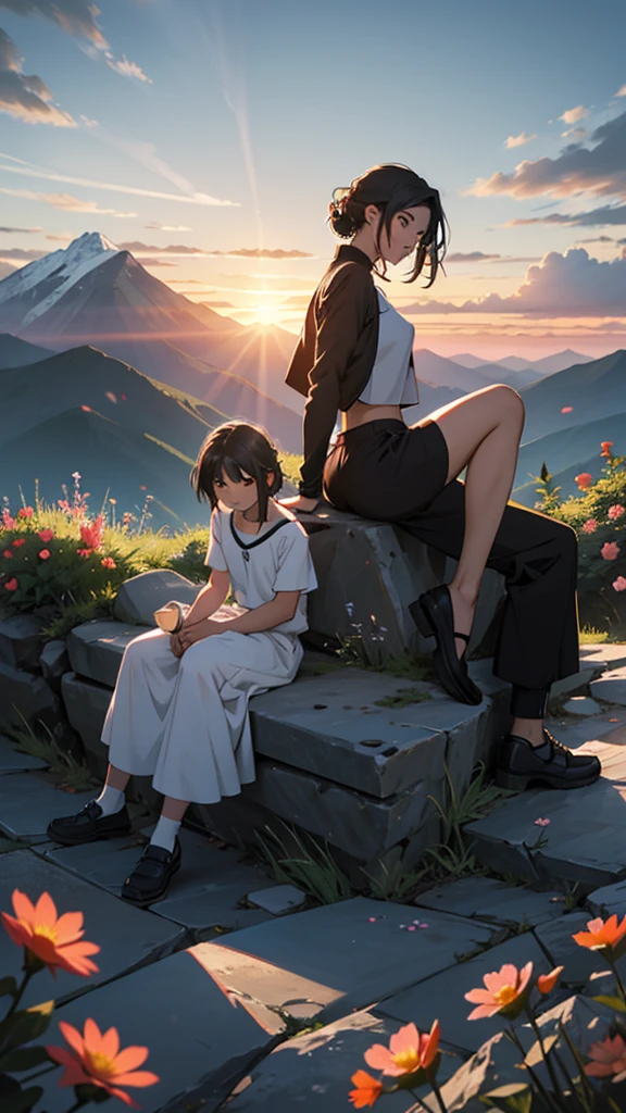 a beautiful home, a boy and girl sitting on the mountain watching the sunset, mountains, flowers, sunset, sunny, couple short clothes, big hips, moody color, anime style, sharpness