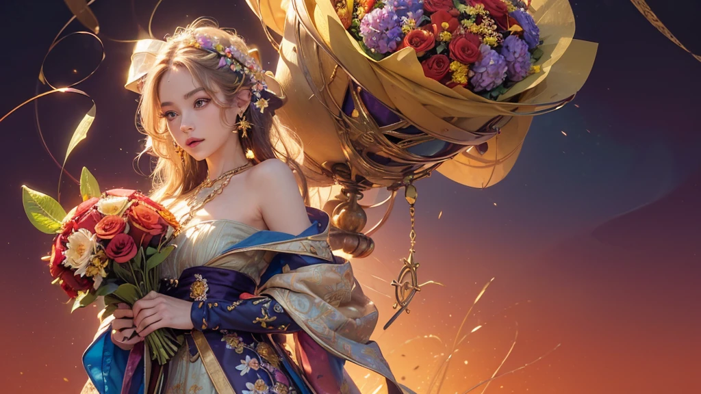 32K, 最高quality, 最高masterpiece, (ultra-Detailed Background, Detailed Background), High resolution, Super detailed, Very detailedな, One girl, (bouquet:1.3), (Tangled:1.2), (Geometric:1.2),(colorful),(masterpiece, quality, best quality, Official Art, Beautiful and beautiful:1.2), (1 girl:1.3), Very detailed,(colorful:1.1)(Flowers:1.3),Most detailed,(Tangled:1.2), whole body, (Abstract background:1.3), (Skin glows), (Many colors:1.4), ,(Earrings Jewelry:1.5), Pale Red Background,