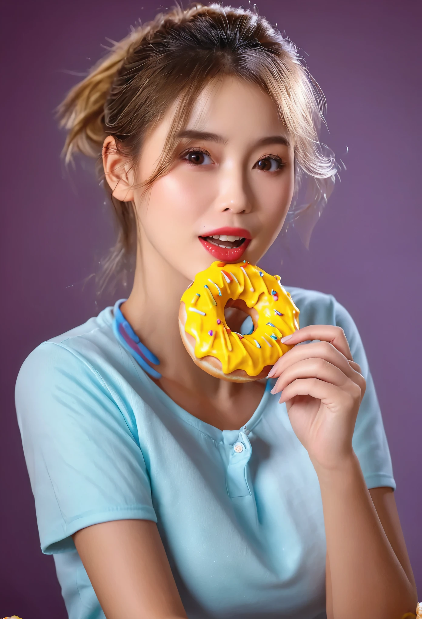 (best quality,high resolution), Mature girl, Pretty face，Complete hand，Eat donuts，Upper body close-up，Close-up，Cinematic light and shadow