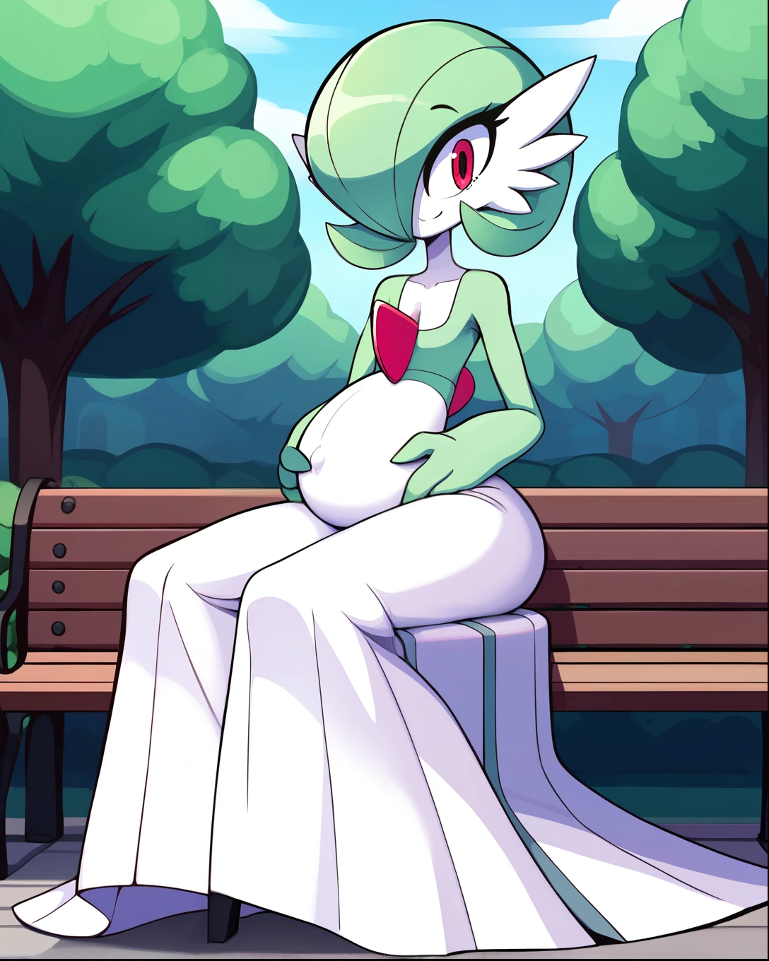 score_9, score_8_up, 1girl, gardevoir, happy, full body, outdoors, human proportions, looking at viewer, by diives, pregnant, pregnancy, shy smile, rubor, mirada tranquila, tranquila, sentada, bench, parque, park, manos en el vientre, hands on belly, long skirt, skirt, white skirt, long dress.