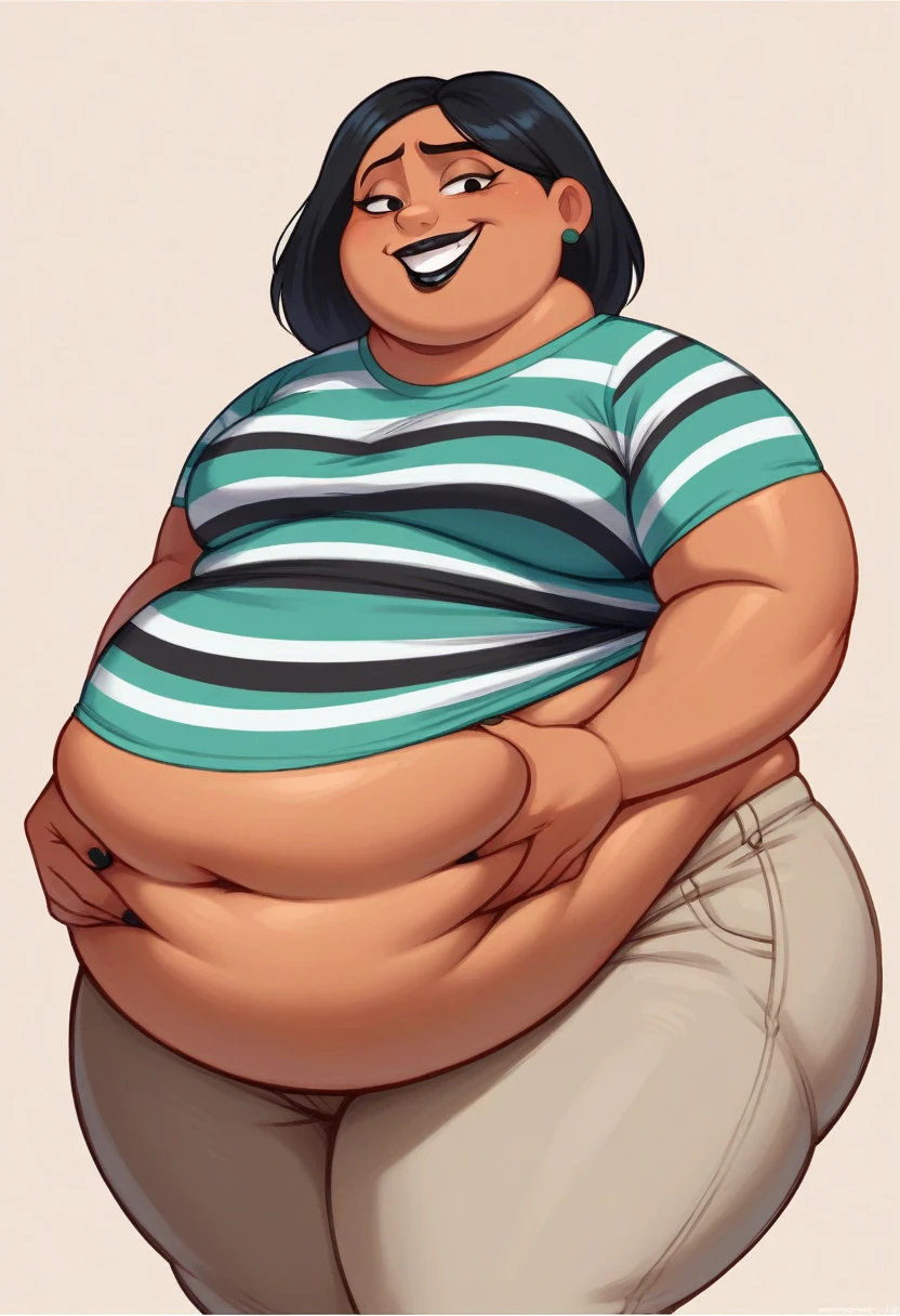 Fat obese, sssbbw, gluttony, high school girl, pixar animated, toothy grin, grabbing belly, Masterpiecev10, Extremely detailed, belly hanging out, sexy, sensual, ((black striped shirt)), black lipstick, black hair, tan skin