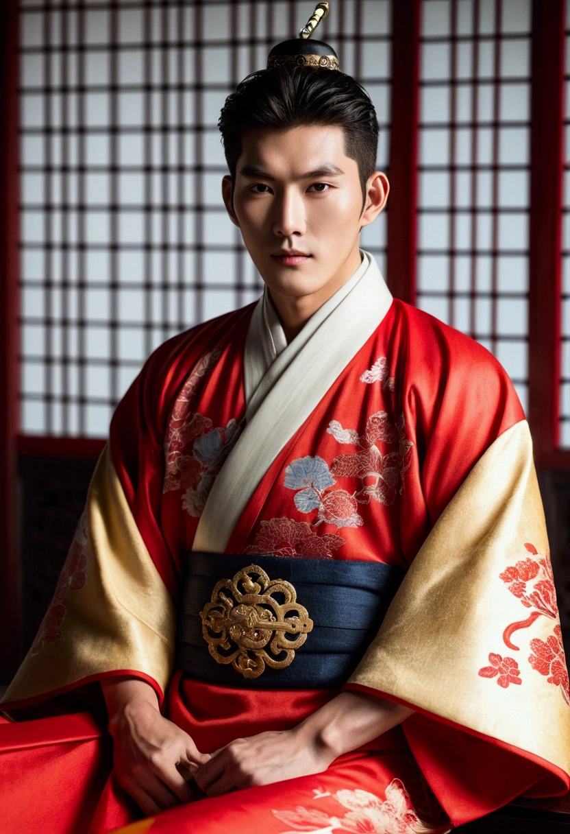 Handsome young Chinese man of 25 years similar to Ji Chang-wook in typical Chinese clothing in the time of the emperor.