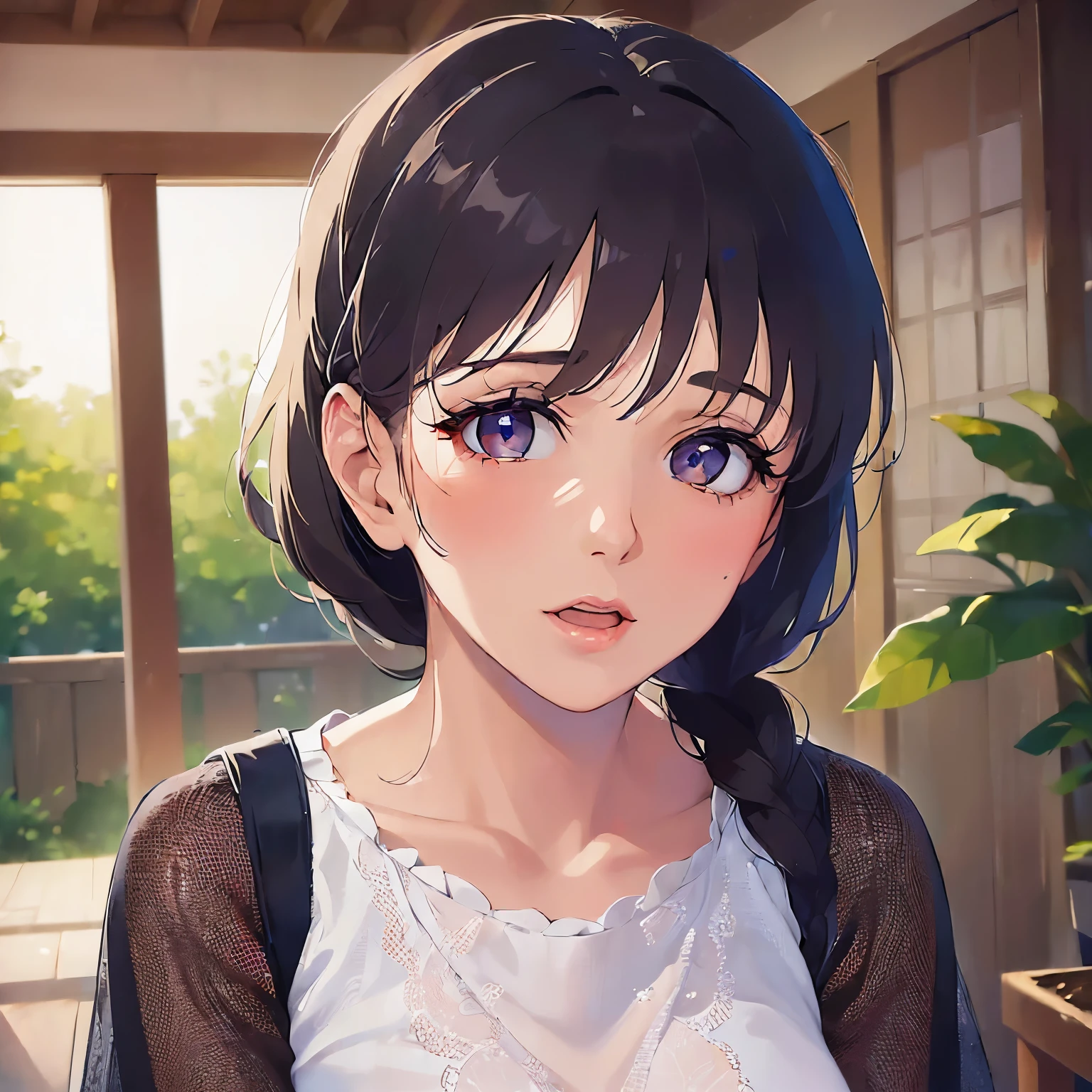 (60 year old grandmother:2)、(Eyes are orange:1.5), (lookin at viewer:1.5),Upper Body, Hands are put to the mouth、
Realistic, real person, RAW photo, photorealistic, portrait photography, shiny skin, japanese idol、
Black Hair、Medium hair with bangs、
Wearing a gray shirt、alarmed、（alone:1.5）,The background is the entrance to the house.