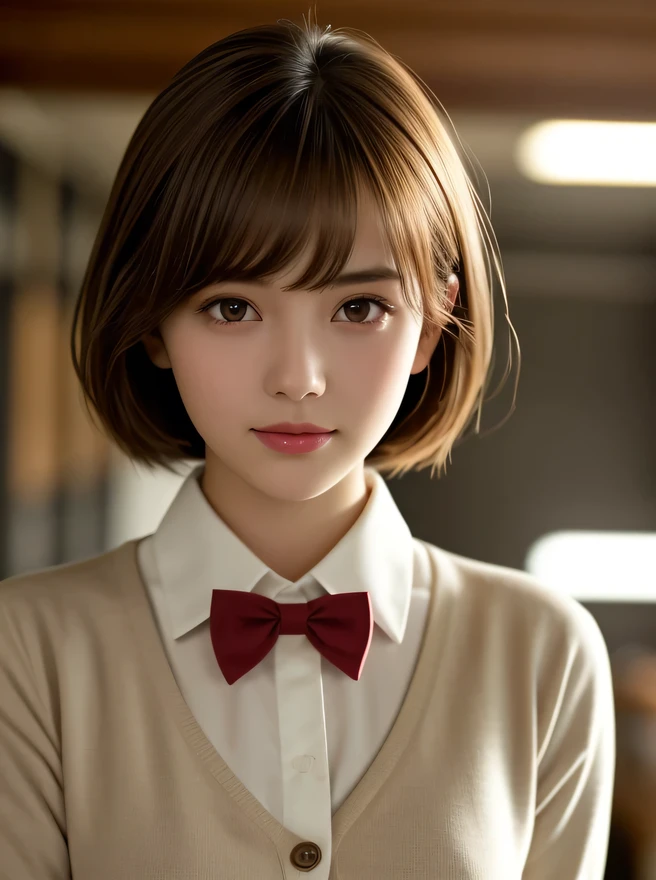 1 girl, a stunningly beautiful 16-year-old woman, close-up of her face, happy, smile, short Hair, glamorous figure, busty, wearing a white collared shirt of long sleeves, plain Dark red bow tie, Cardigan overly long sleeves, hyper cute face, glossy lips, double eyelids in both eyes, natural, long eyelashes, shiny smooth light brown hair, asymmetrical bangs, fair skin, central image, high resolution, high detail, detailed hairstyle, detailed face, high school, old wooden school building, classroom, spectacular cinematic lighting, octane rendering, vibrant, hyper realistic, perfect limbs, perfect anatomy,