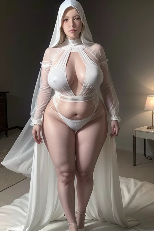 A tall woman with a fat body and large breasts and wide hips wearing a transparent white sheet as a ghost costume sticking to her boluctuous body 