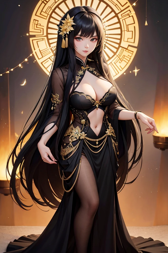 taken in 8K HD. Realistic photographic illustration, real body proposition, very detailed with extreme close-UP style of a very beautiful Chinese woman, 25 years old, has an ideal body shape, has a chest size of 40F. the woman has long black hair fluttering, the woman is wearing a fairy dress like in the dongua film, the dress is a combination of black and gold, has a long cloth fluttering on the side giving a charming impression, the woman is posing opening her skirt while standing in a garden filled with colorful flowers and fireflies at night