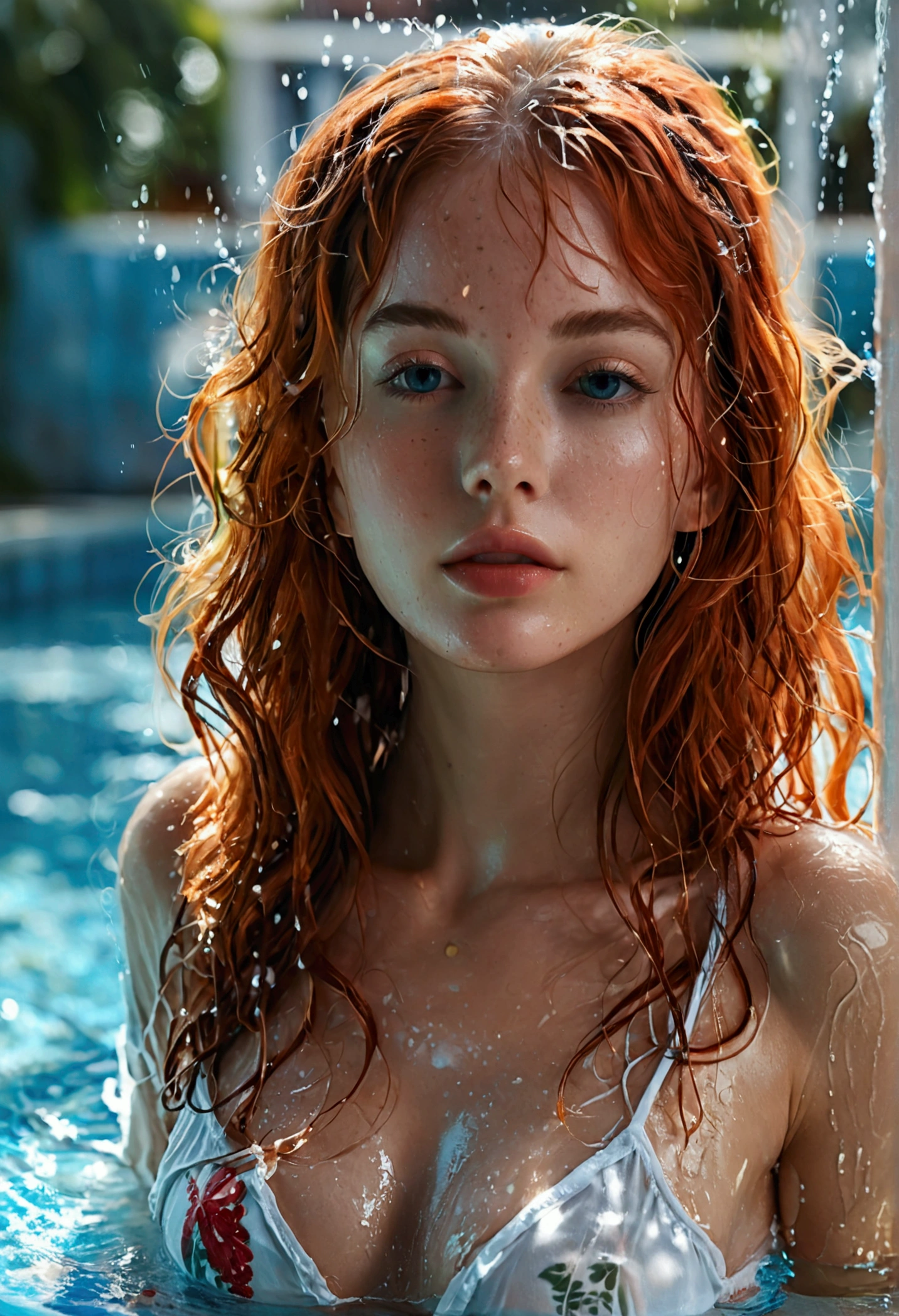 (full body shot:1.1) photorealistic image of a (standing pose:1.1) woman, ultra realistic, photography, long red hair, girl, 24 years old, hourglass figure, perfect body, Flirty look, natural medium breasts, blur background, she is in a pool, she wears a white sheer see-through t-shirt, her hair is wet and messy, her skin is wet