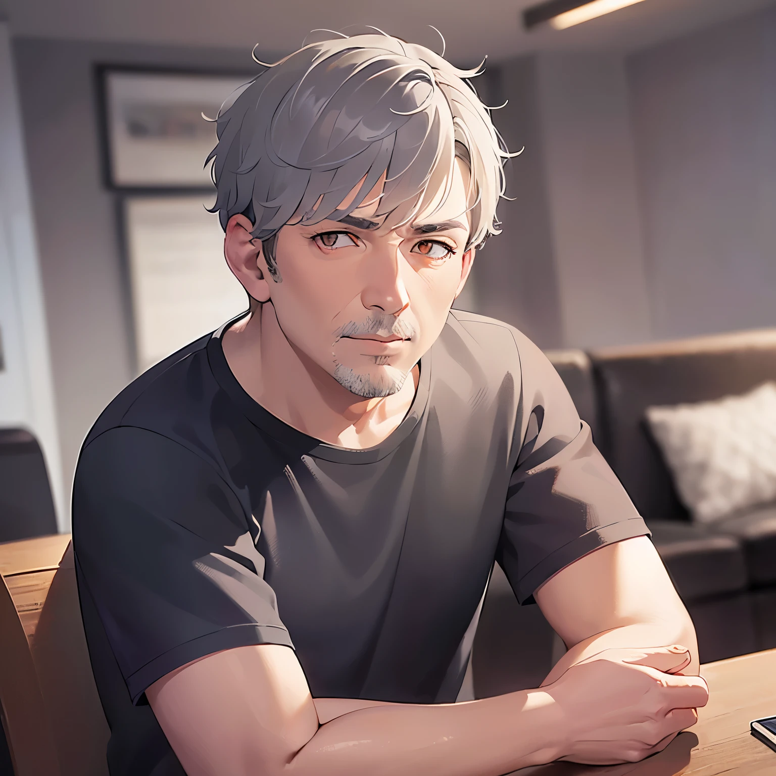 looking at viewer,Serious,Arms crossed、
masterpiece、high quality、(A 50-year-old man with short grey hair and orange eyes:1.5)、
Wearing a grey shirt、 The background is the living room、Alone、Bold composition、Sitting