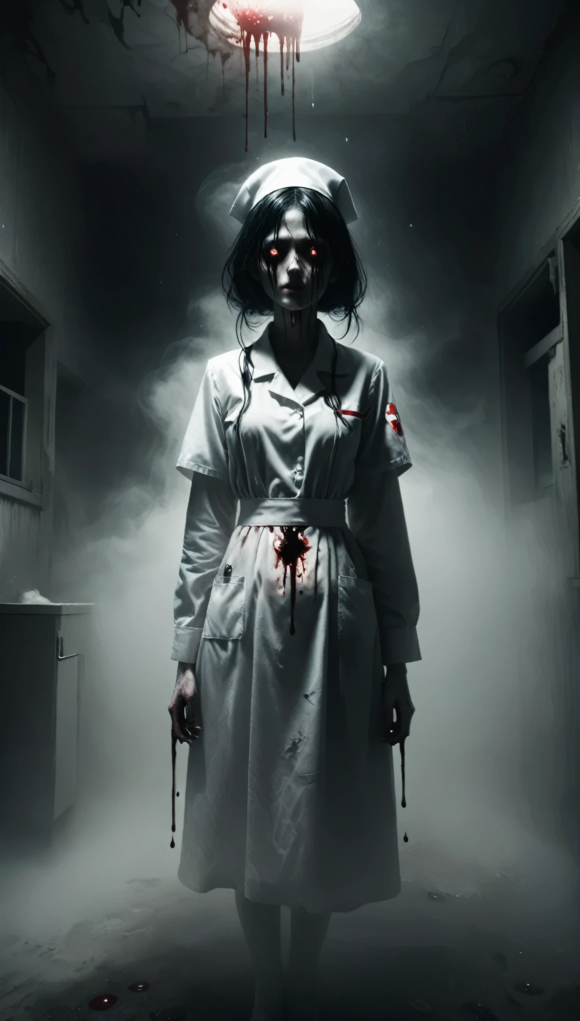 Calm colors、Black-haired woman、White nurse uniform、Dirty clothing、Hair that hides the face、Standing Eerie。Nightmare illustration、Surreal fantasy、Thick Fog、Abandoned Hospital、darkness、Jet Black、blood droplets