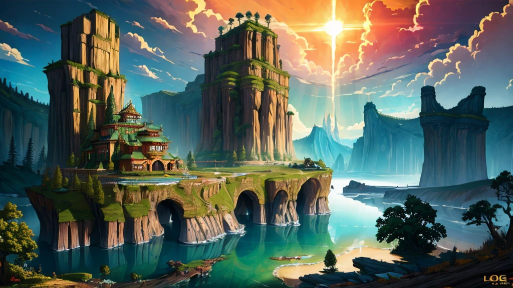 (masterpiece, Highest quality:1.5), Absurd, Intricate details, 8k, Fantasy, Retro art style, LODBG, No humans, Outdoor, cloud, water, wood, Shine, nature, scenery, sf, Volumetric lighting, Perfect composition, Very detailed, Very detailed風景, (Super detailed), Remains