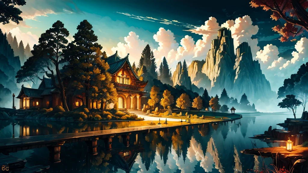 (masterpiece, Highest quality:1.5), Absurd, Intricate details, 8k, Fantasy, Retro art style, LODBG, No humans, Outdoor, cloud, water, wood, Shine, nature, scenery, sf, Volumetric lighting, Perfect composition, Very detailed, Very detailed風景, (Super detailed), Remains