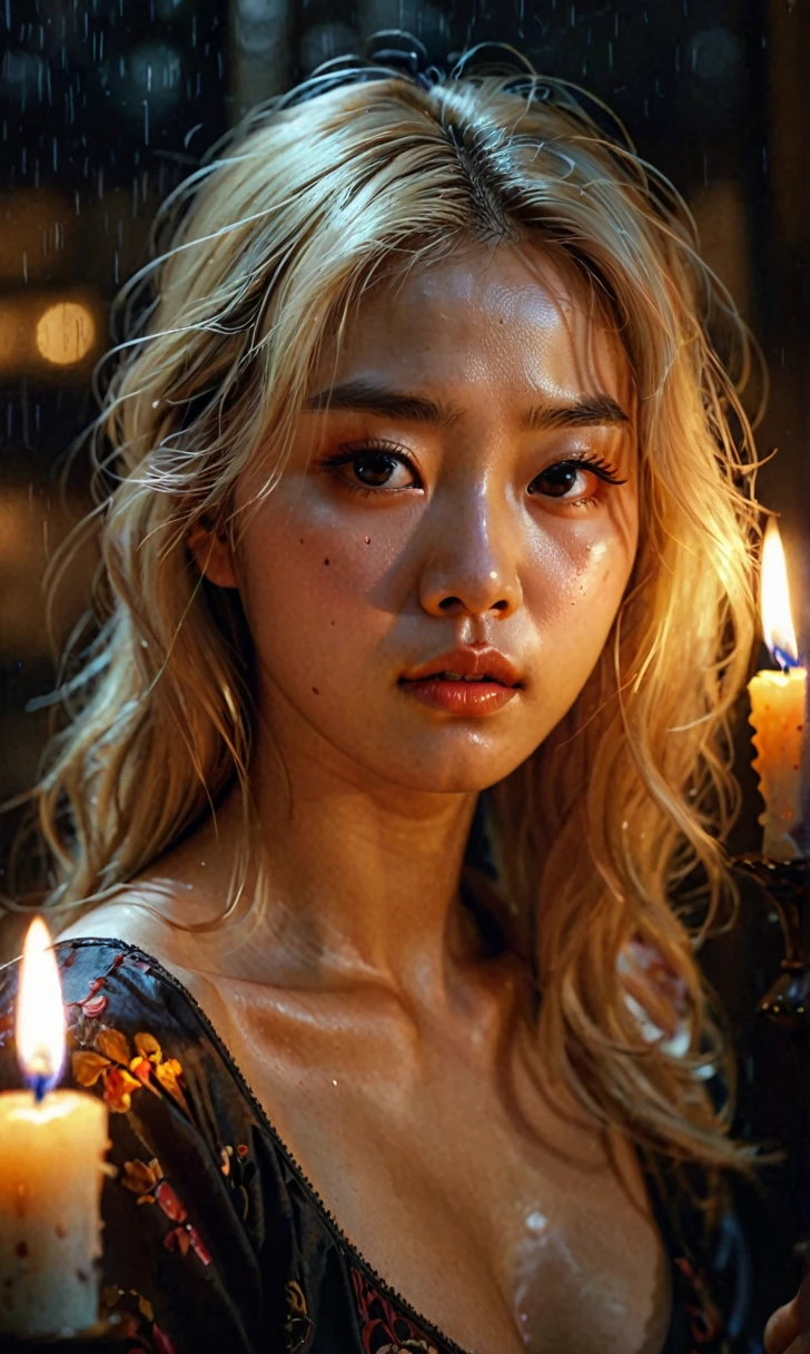 1girl, blonde hair, Korean ethnicity, candle light, (sweaty:1.2), sad expression, night, (ultra-hd-details), (ideal-makeup), portrait, oil painting, chiaroscuro, dramatic lighting, cinematic, vibrant colors, intricate details, hyper realistic, award winning