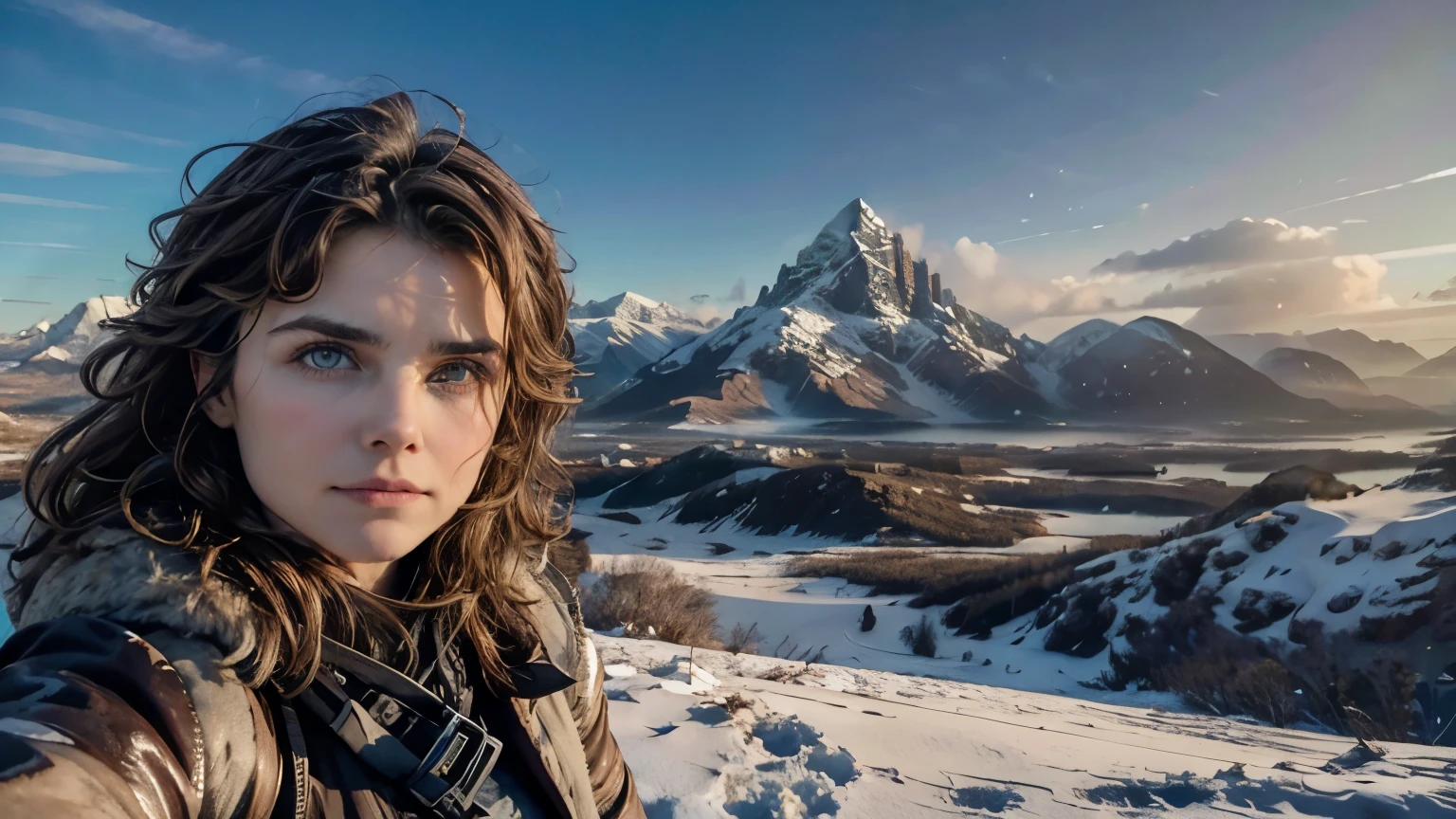 Keri Russell , selfie , masterpiece, wide-angle perspective, S-shaped composition, a picture of the mountain scenery from near to far in a cinematic vision, with distinct levels, clear high and low, distant sunset on the top of a snowy mountain, HD texture, distant layered snowy mountains, white clouds,