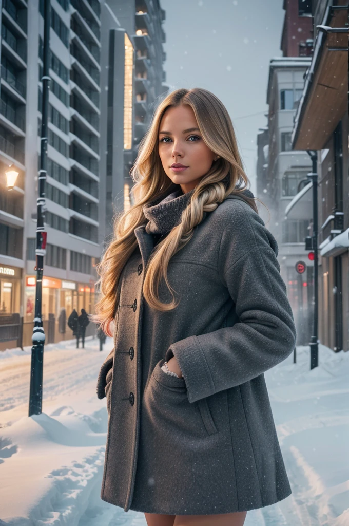 professional portrait photograph of a gorgeous Norwegian girl in winter clothing with long wavy blonde hair, sultry flirty look, gorgeous symmetrical face, cute natural makeup, wearing elegant warm winter fashion clothing, ((standing outside in snowy city street)), stunning modern urban environment, ultra realistic, concept art, elegant, highly detailed, intricate, sharp focus, depth of field, f/1. 8, 85mm, medium shot, mid shot, (((professionally color graded))), bright soft diffused light, (volumetric fog), trending on instagram, hdr 4k, 8k