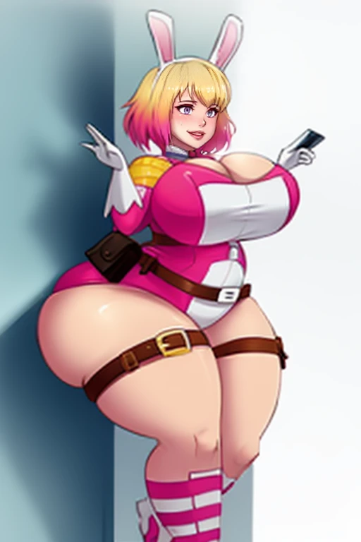 gwenpool, 1girl, blonde hair, multicolored hair, solo, blue eyes, pouch, smile, mask, superhero, short hair, gradient hair, closed mouth, belt, white background, two-tone hair, pink hair, breasts, adapted costume, animification, gloves, belt pouch, looking at viewer, leotard, (((Bimbo))), wide hips, thick thighs, huge ass , enormous huge natural breasts, cleavage, mature mom, bare shoulders, ((bunny costume)), close up, oversaturated colors