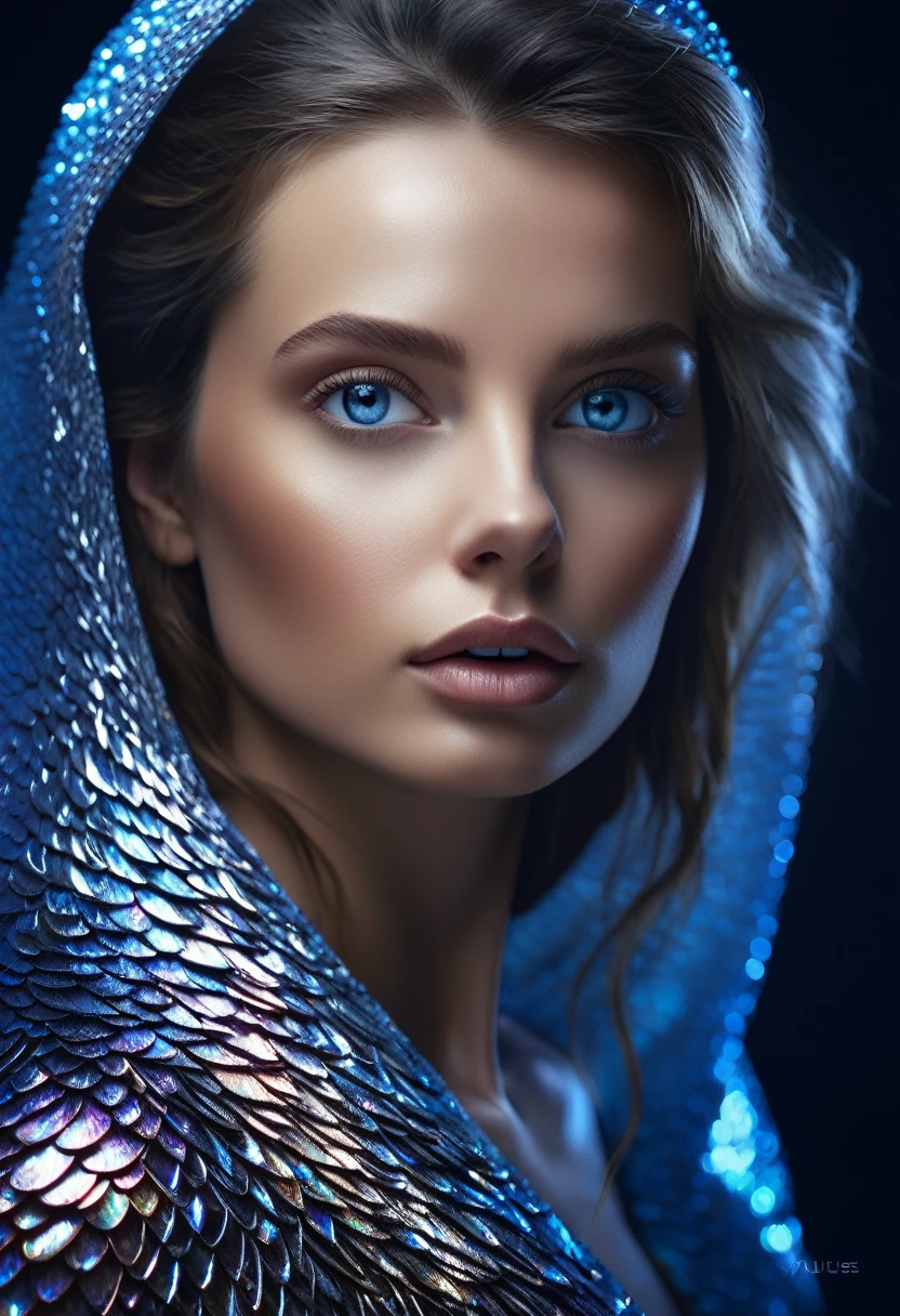 8K,Best quality, masterpiece, ultra high res, (photorealistic:1.4), raw photo, (Authentic skin texture:1.3), (film grain:1.3), (selfie angle), woman beautiful detailed deep blue eyes and face, masterpiece, best quality, close-up, black n white, Broken Glass effect, no background, stunning, something that even doesn't exist, mythical being, energy, molecular, textures, iridescent and luminescent scales, breathtaking beauty, pure perfection, divine presence, unforgettable, impressive, breathtaking beauty, Volumetric light, auras, rays, vivid colors reflects