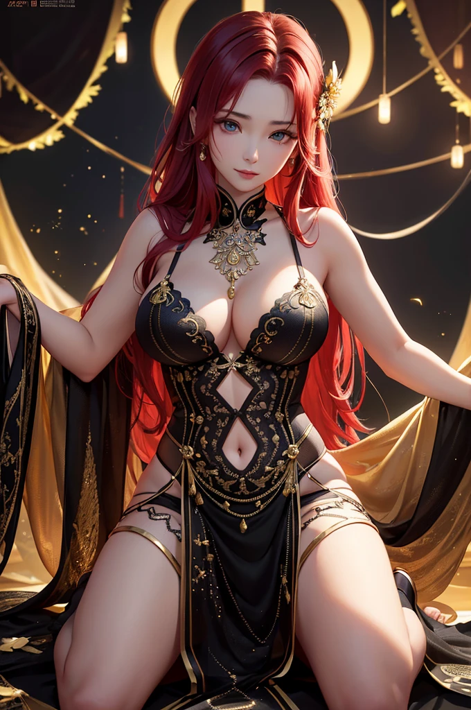 taken in 8K HD. Realistic photographic illustration, real body proposition, very detailed with extreme close-UP style of a very beautiful Chinese woman, 25 years old, has an ideal body shape, has a chest size of 40F. the woman has long flowing red hair, the woman is wearing a fairy dress like in the dongua film, the dress is a combination of black and gold, has a long cloth fluttering on the side giving a charming impression, the woman is posing opening her skirt while straddling like urinating in a garden filled with colorful flowers and fireflies at night