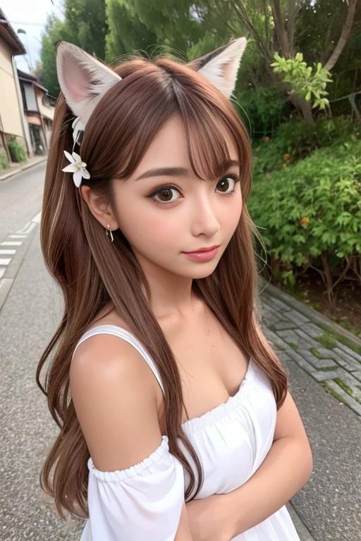 Small fox ears、((Tanned Gal))、((Tanned Gal))、one girl, (a beauty girl, delicate girl:1.3), (************, change:1.3), break,((Shrine maiden costume)),(Brown fox ears) break, Definition of Very Fine Particles, (Symmetrical eyes:1.3), break, (alley, Kyoto:1.3), perfectly trimmed fingers, break, Small breasts, Brown eyes, Parted bangs, Brown Hair, girl, break, (Eye and facial details:1.0), break, (masterpiece, Highest quality, Very detailed, Detailed face, 8k)