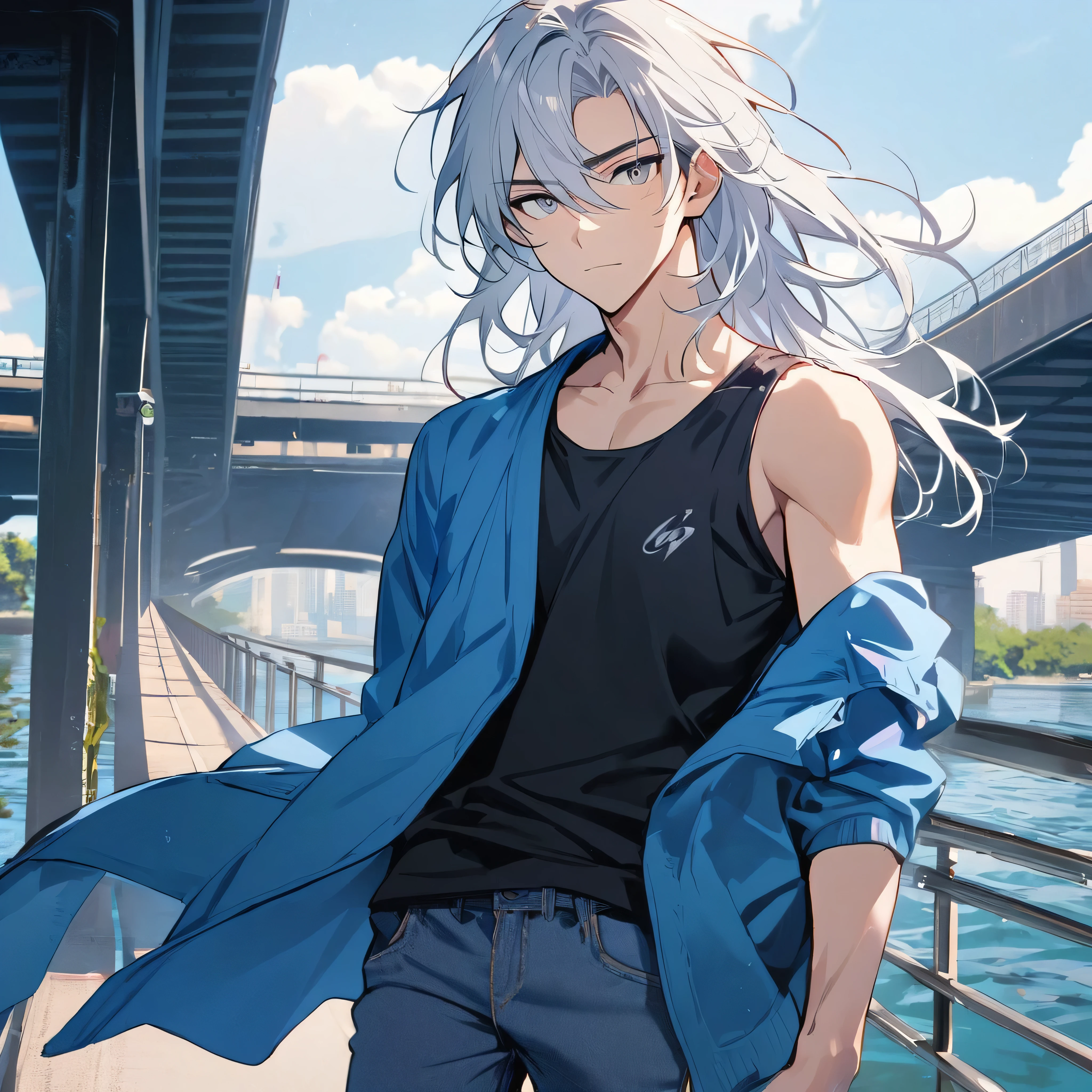 1boy, white long hair, handsome, grey eyes, athletic, college boy, the hair is loosen up, wearing black tank top with blue jacket and jeans, looking at viewers, under the bridge background