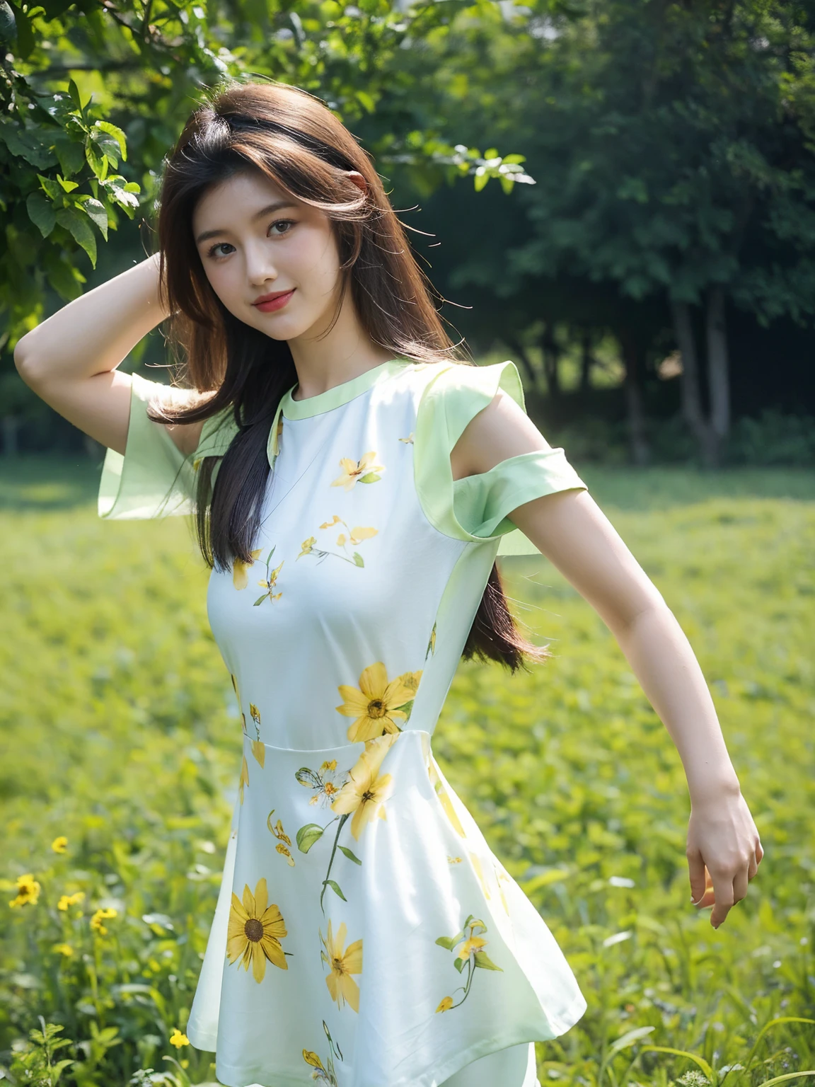 A beautiful girl taking photos outdoors, with a cheerful expression, wearing a short dress and short-sleeved shirt. The setting includes a sunlit green field.” 📸🌼