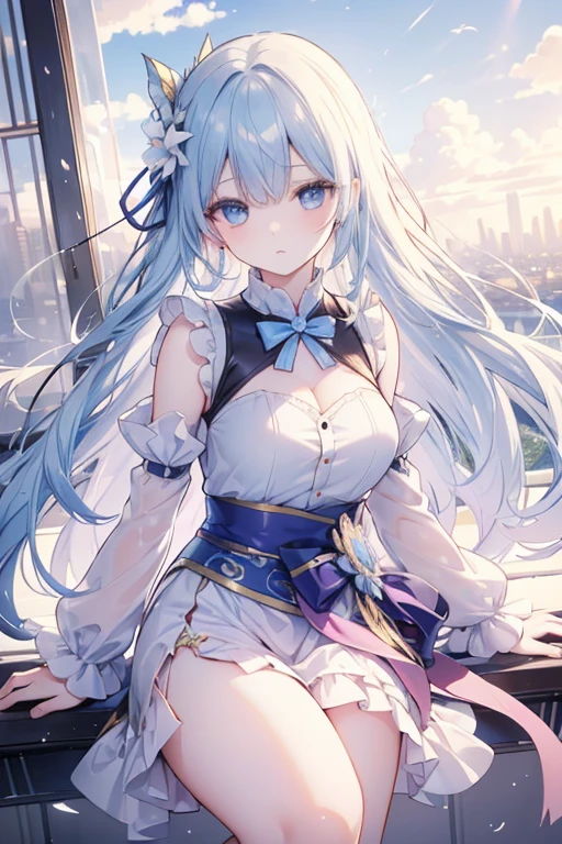 absurderes, hight resolution, (Anime style:1.1), ((masutepiece)), ((Best Quality)), (Ultra-detailed), (Beautiful), solo, Beautiful face、(liftup)、Cute  looking at the view from the top of a skyscraper that is closer to the atmosphere,Wind,Thin White colorful long hair,, Blue Eyes,Lens Flare,Dramatic,Detailed Ancient City、Skirt fluttering in the wind、Clouds below looking down、(Don't look here:1.4)