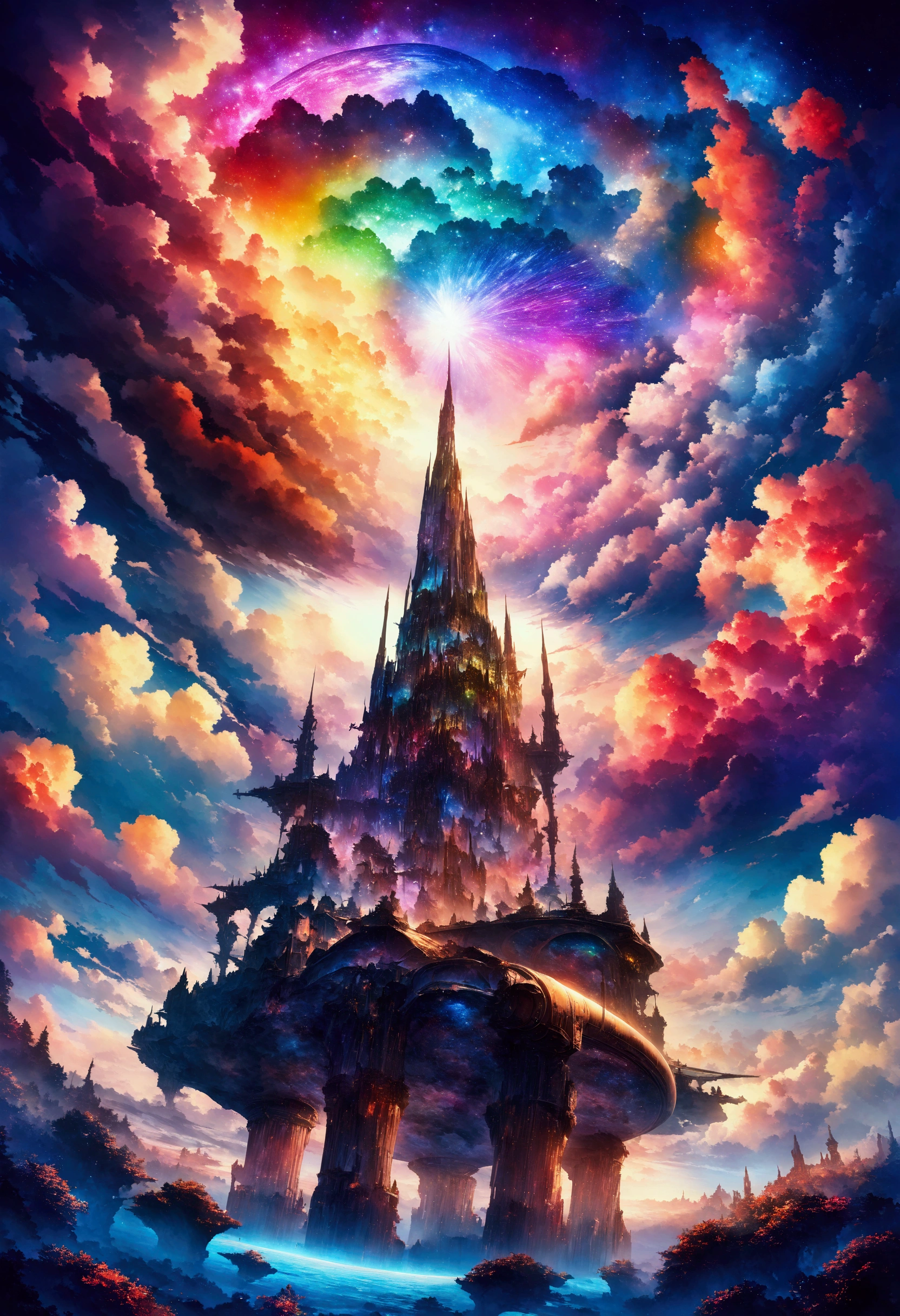 god々Shii Sky, A painting depicting a fantasy world beyond dimensions, Digital painting of cosmic clouds floating in the space sky, Fantastic engine,A magnificent composition, CG digital rendering,Ultra HD,Highly detailed technology, Triad color scheme, Surreal Art