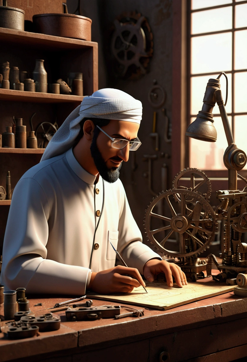 Al-Jazari Animation (a Muslim scientist) was working in his workshop which was full of mechanical tools.