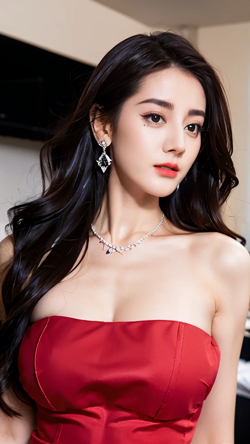 Ultra HD resolution,artistic photos,Photography,21year girl,earrings,long hair,Black background,Black backless dress,necklace,cowboy shot,H cup,Showing ,Expose more breasts, breast size,Ereples,Expose reola,breasts,Smooth and ful back,Complare back,Cold white skin,Big buttocks,Messy hair,Messy hair,Ruddy face,Lyin,On the bed in the bedroom