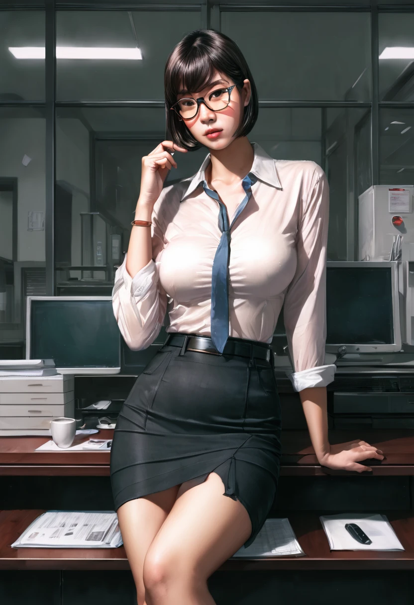 KyuYong Eom Art Style, (score_9, score_8_up), score_7_up, 1girl, asian, sexy, E-girl, Short hair, straight bangs, glasses, big breasts, oiled body, cleavage, short blouse, short skirt, Opening the blouse, giant breasts