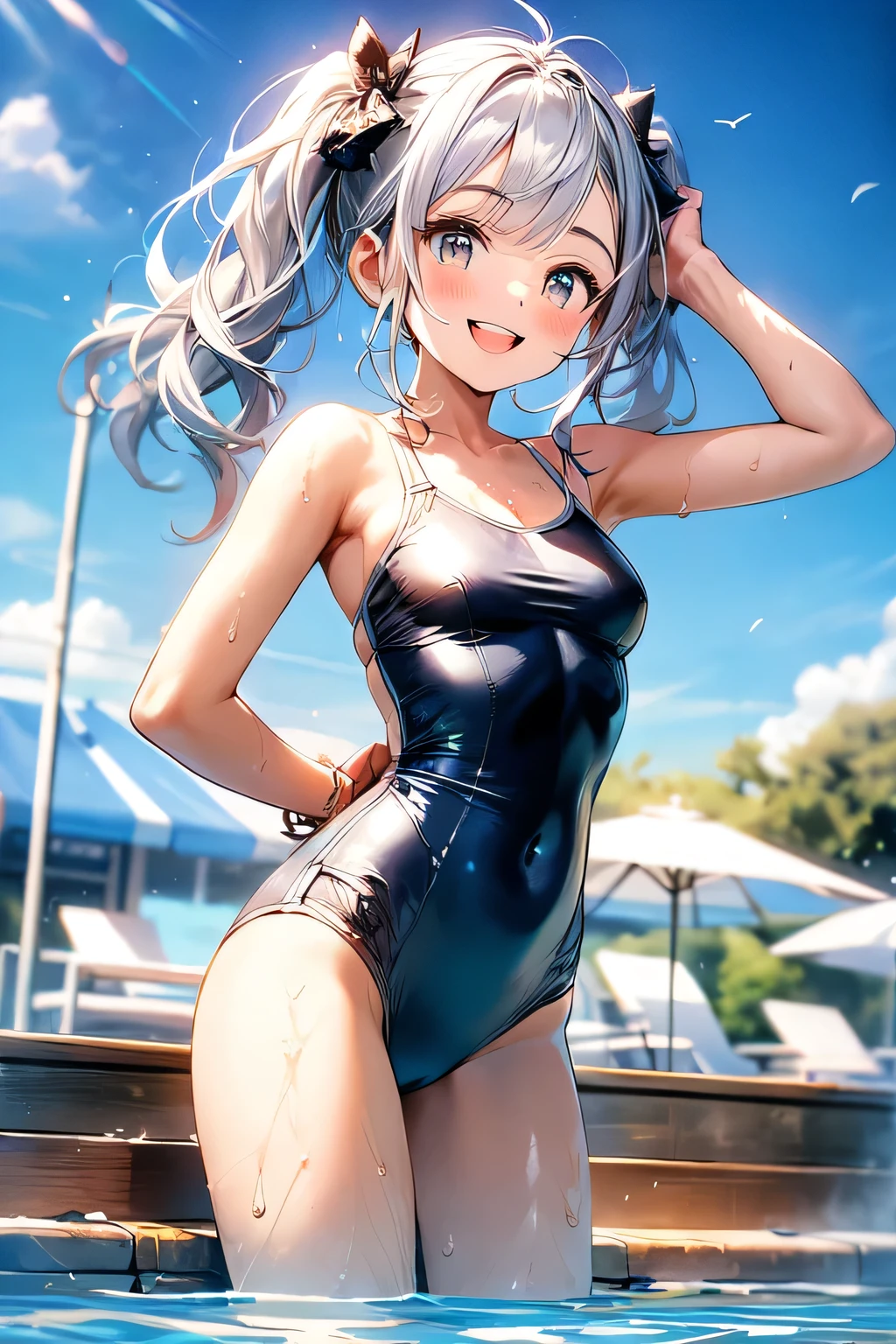 very cute and beautiful girl,(Very detailed美しい顔),(Blue school swimsuit),
Are standing,Put your arms behind your back,Poolside,Small colorful flowers blooming in the meadow,Large Breasts,
(smile),Happy,View your viewers,Silver Hair,Cowboy Shot,
(Highest quality,masterpiece),Absurd,High resolution,Very detailed,Very detailed,32K,
Movie Scenes,Detailed Background,alone,Dynamic Angle,
Twin tails fluttering in the wind,Beautifully detailed skies,