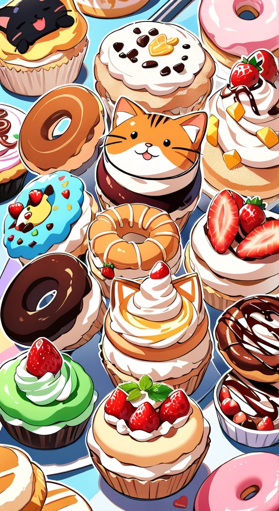 there are many different types of donuts and cupcakes on the table, anime food, eating cakes, cute detailed artwork, sweets, pastries, baking artwork, cute bakery shop, pastry, amazing wallpaper, kawaii cat, cakes, cute detailed digital art, amazing food illustration, anime cat, wallpaper!, cats , cute colorful adorable, about to consume you, cute artwork, kawaii