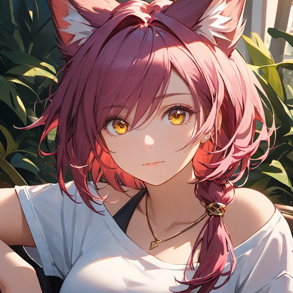 Xayah,t-shirt,  animal ears, yellow eyes, halter_top, casual clothes, portrait, stunning, hair over shoulder, hoodless, beautiful, 4k