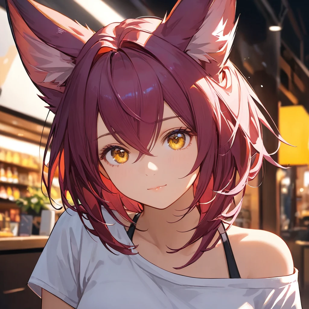 Xayah,t-shirt, animal ears, yellow eyes, halter_top, casual clothes, portrait, stunning, hair over shoulder, hoodless, beautiful, 4k