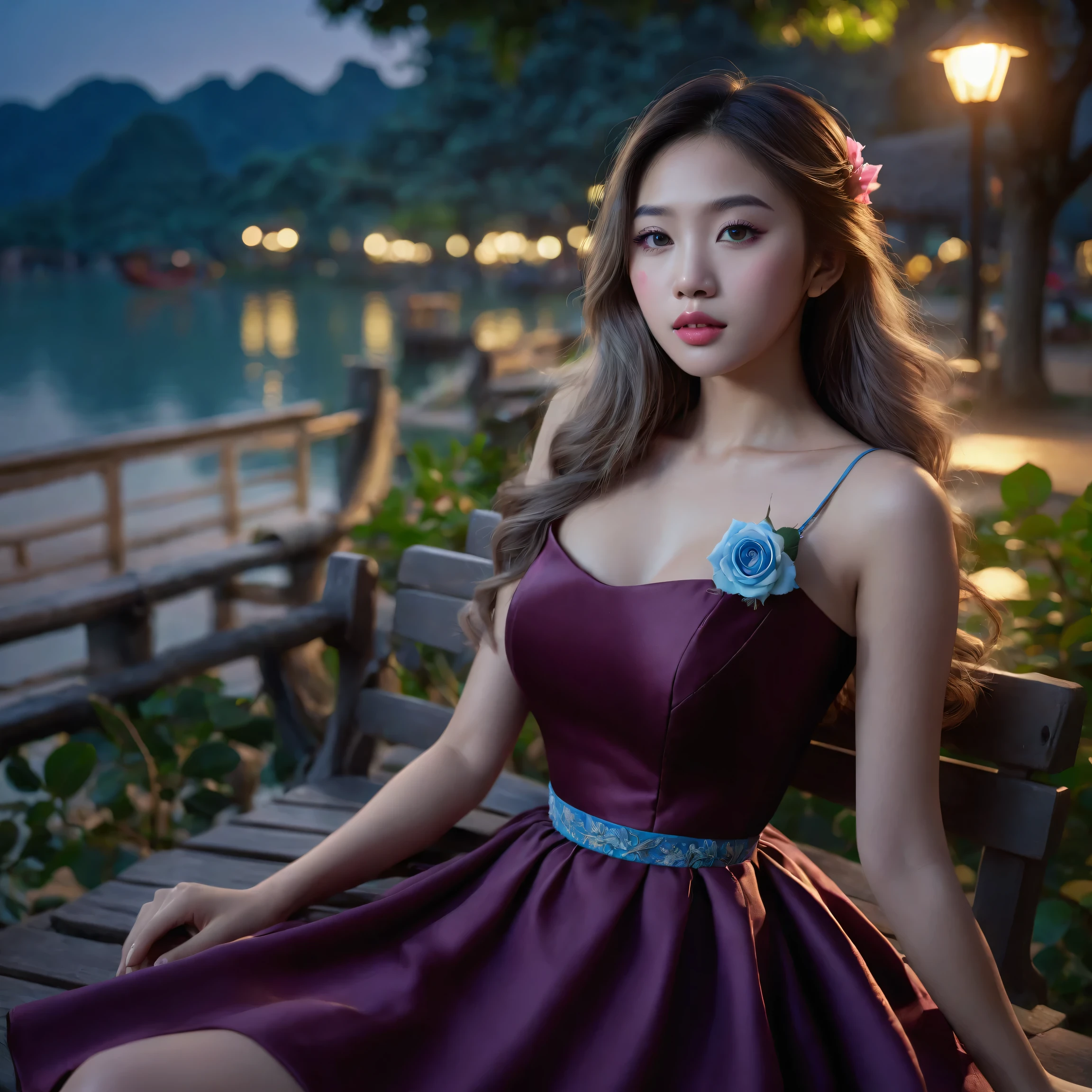 (a beautiful young vietnamese woman:1.5), 19yo, 1girl, sitting on a park bench, (light blue dress:1.4), (pink rose decoration on the left chest:1.15), lake in the background, (detailed facial features:1.2), beautiful eyes, (detailed nose and lips:1.25), intricate hair, realistic, photorealistic, masterpiece, best quality, 8k, ultra-detailed, cinematic lighting, vibrant colors, serene atmosphere