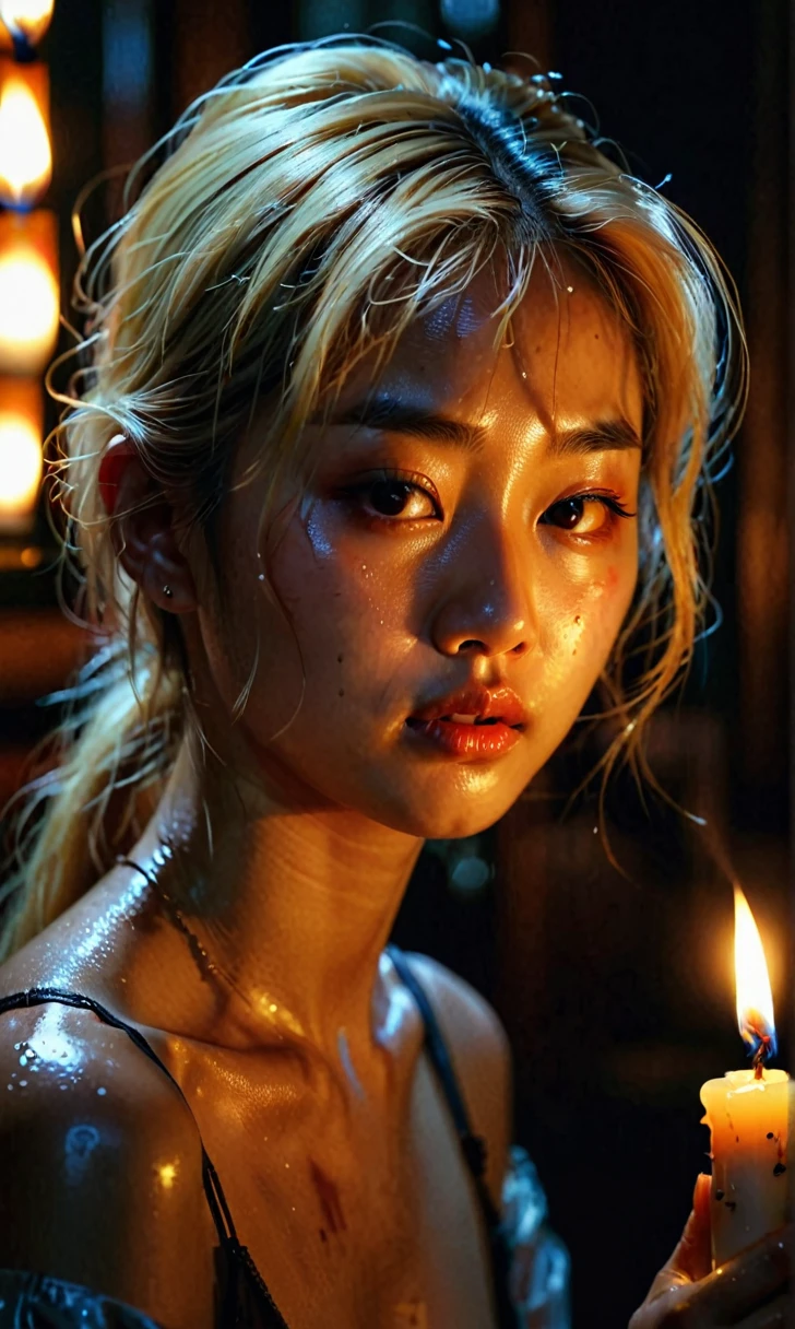 1girl, blonde hair, Korean ethnicity, candle light, (sweaty:1.2), sad expression, night, (ultra-hd-details), (ideal-makeup), portrait, oil painting, chiaroscuro, dramatic lighting, cinematic, vibrant colors, intricate details, hyper realistic, award winning, sweating heavily