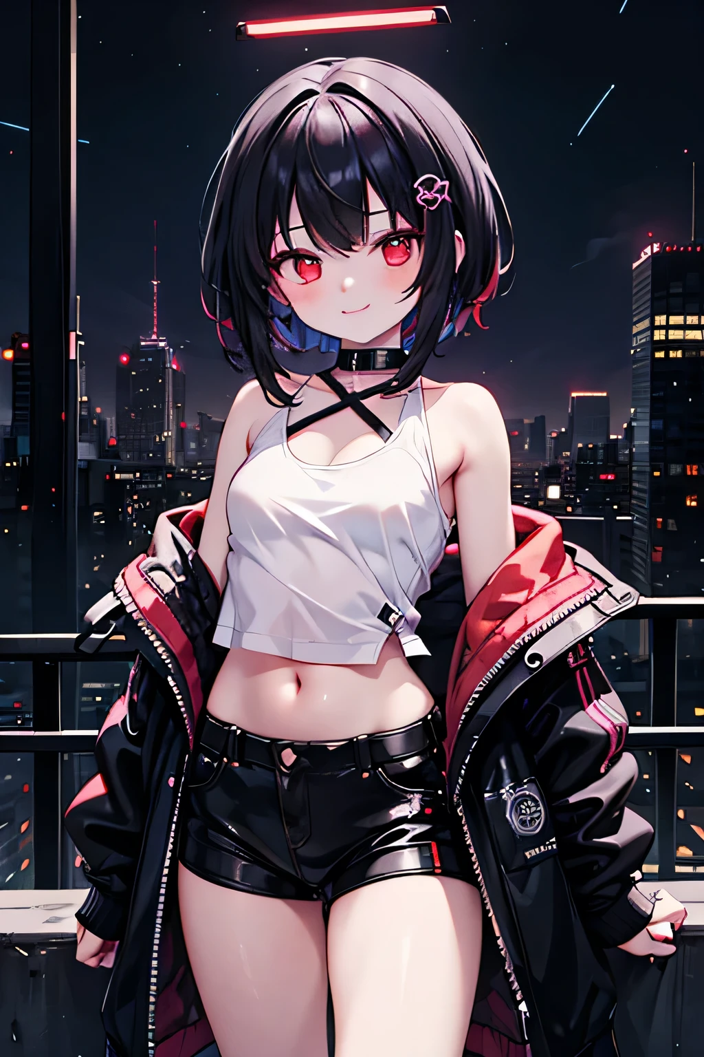 (masterpiece), cyber punk, city, night, Neon Light, city lights, One girl, Black Hair,White tank top with red pattern, short hair,Red Eye,hair ornaments,Around 16 years old,smile,He has taken off his jacket and is exposing his shoulders.,Navel showing