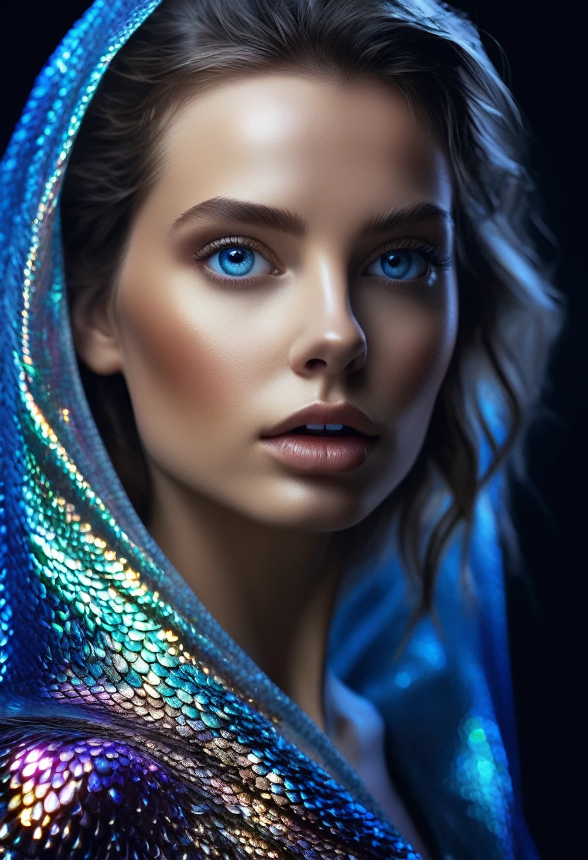8K,Best quality, masterpiece, ultra high res, (photorealistic:1.4), raw photo, (Authentic skin texture:1.3), (film grain:1.3), (selfie angle), woman beautiful detailed deep blue eyes and face, masterpiece, best quality, close-up, black n white, Broken Glass effect, no background, stunning, something that even doesn't exist, mythical being, energy, molecular, textures, iridescent and luminescent scales, breathtaking beauty, pure perfection, divine presence, unforgettable, impressive, breathtaking beauty, Volumetric light, auras, rays, vivid colors reflects