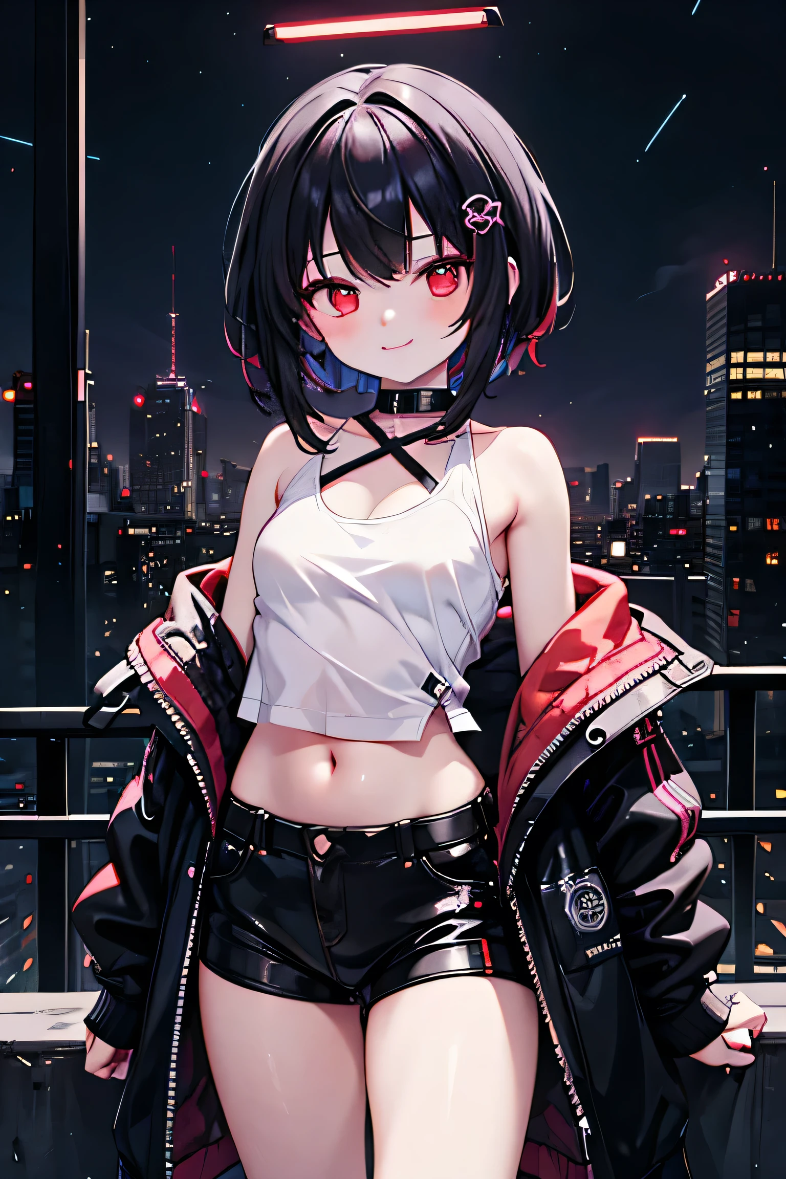 (masterpiece), cyber punk, city, night, Neon Light, city lights, One girl, Black Hair,White tank top with red pattern, short hair,Red Eye,hair ornaments,Around 16 years old,smile,He has taken off his jacket and is exposing his shoulders.,Navel showing