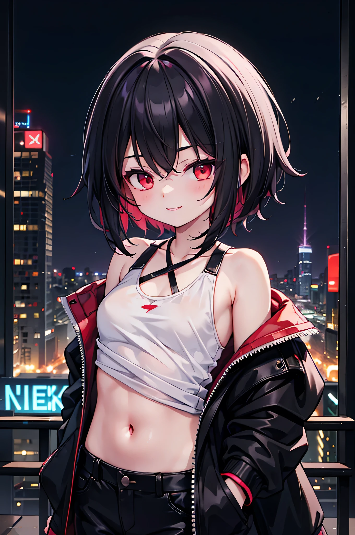 (masterpiece), cyber punk, city, night, Neon Light, city lights, One girl, Black Hair,White tank top with red pattern, short hair,Red Eye,hair ornaments,Around 16 years old,smile,He has taken off his jacket and is exposing his shoulders.,Navel showing