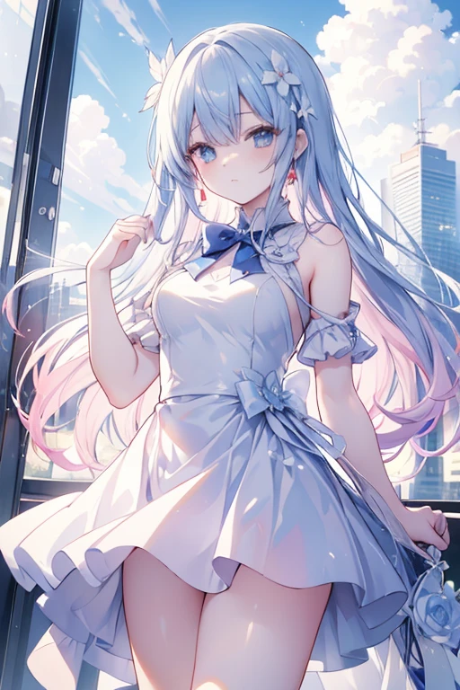 absurderes, hight resolution, (Anime style:1.1), ((masutepiece)), ((Best Quality)), (Ultra-detailed), (Beautiful), solo, Beautiful face、(liftup)、Cute looking at the view from the top of a skyscraper that is closer to the atmosphere,Wind,Thin White colorful long hair,, Blue Eyes,Lens Flare,Dramatic,Detailed Ancient City、Skirt fluttering in the wind、Clouds below looking down、(Don't look here:1.4)