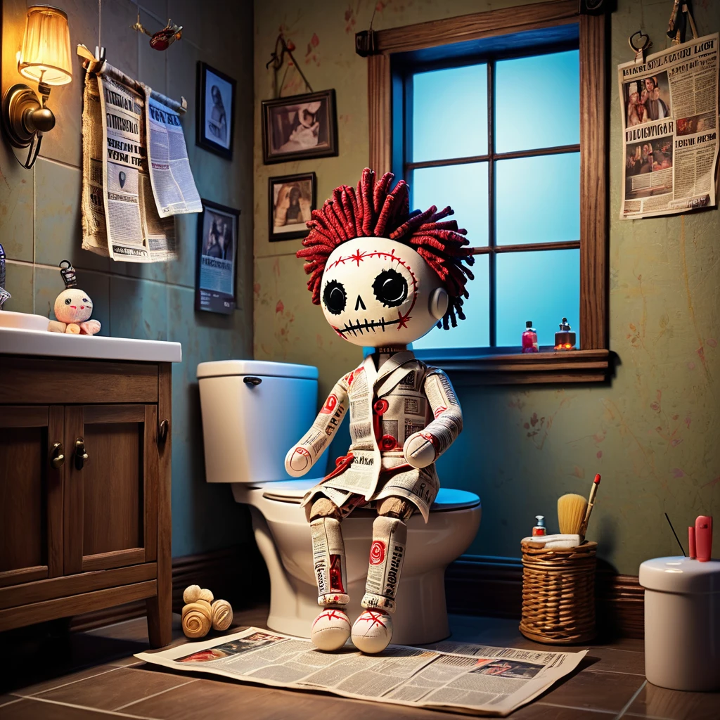 (knitted toy voodoo doll:1.7), (voodoo doll on toilet:1.3), (Clothing: casual bathrobe:1.0), (Accessories: newspaper with enchanted glowing headlines, air freshener:1.3), (background: cozy bathroom with tiled walls, small window and soft morning light:1.4), best quality, masterpiece, detailed soft oil painting, detailed background, dramatic cinematic lighting, soft edge lighting, professional, dramatic lighting, hard edge lighting, ultra quality, 4k, masterpiece, best quality, 8k, ultra high definition, high resolution, extremely detailed