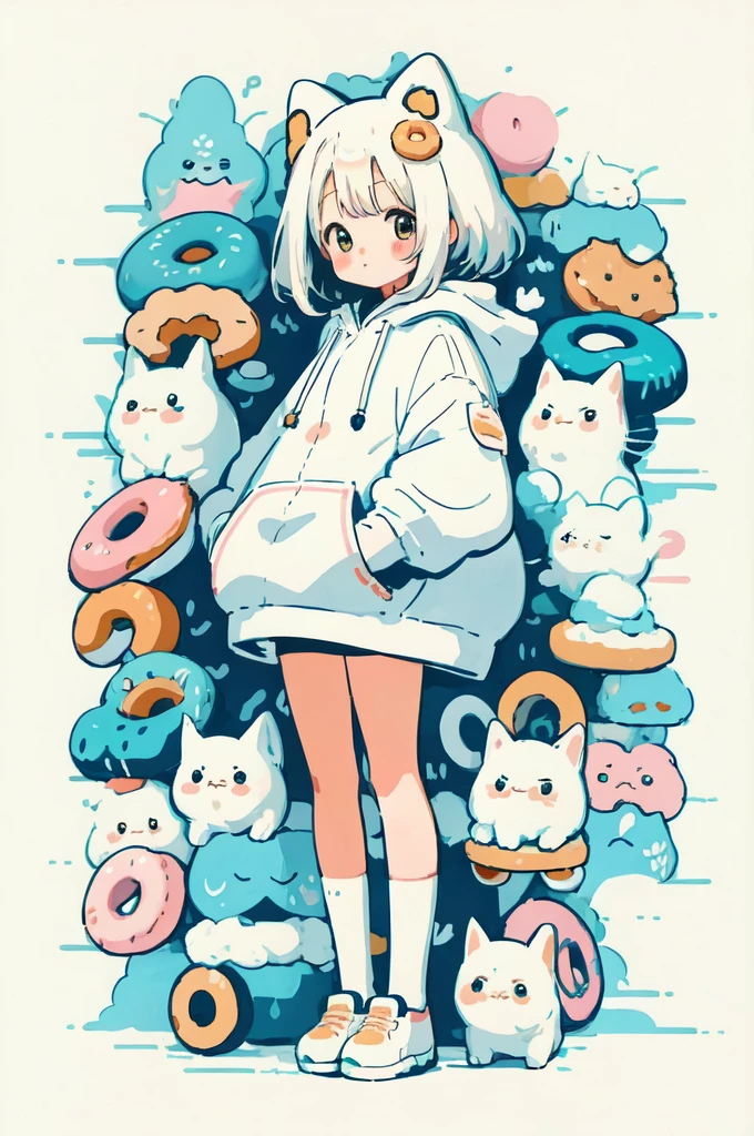 anime girl with a bunch of donuts in her hands, anime style illustration, cute art style, anime art wallpaper 8 k, anime illustration, anime art wallpaper 4 k, anime art wallpaper 4k, cute anime catgirl, cute anime style, white cat girl, anime graphic illustration, soft anime illustration, clean detailed anime art, beautiful anime art style, cute detailed artwork