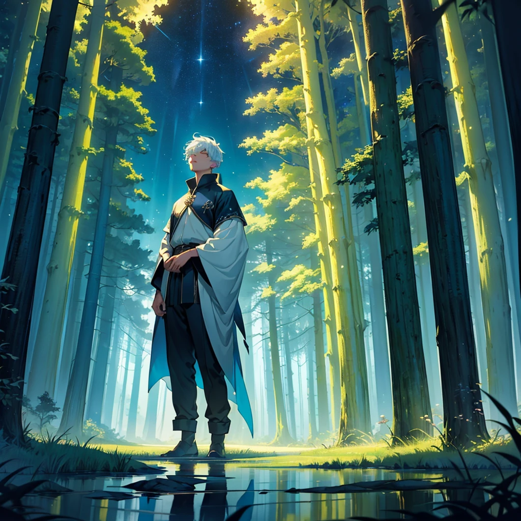 "Create a mesmerizing scene of a young man casually dressed standing amidst the tranquil depths of a dense forest, his gaze fixed upon the vast expanse of the night sky. Above him, a magnificent, luminous planet dominates the celestial canvas, casting its ethereal glow upon the canopy below. Enveloped by the enchanting ambiance of the forest, let the scene come alive with the gentle flicker of fireflies, adding an element of magic and wonder to the serene setting.".", high detailed water painting, vibrant and vivid colours , ultra wide shot, long shot
