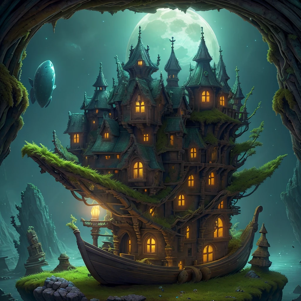 ship, high-fantasy, magical effects, hyper realistic, hyper detailed, mysterious air, ancient and abandoned, grown-over, luminescent moss, dark atmosphere, glowing lights spread evenly, very aesthetic, beautiful underwater scenery in the background,full moon