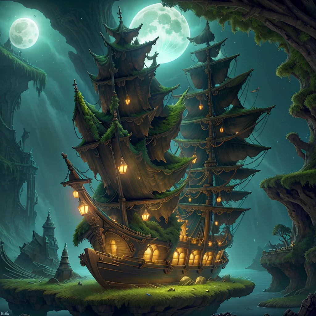 ship, high-fantasy, magical effects, hyper realistic, hyper detailed, mysterious air, ancient and abandoned, grown-over, luminescent moss, dark atmosphere, glowing lights spread evenly, very aesthetic, beautiful underwater scenery in the background,full moon