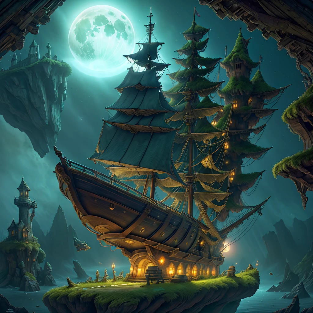 ship, high-fantasy, magical effects, hyper realistic, hyper detailed, mysterious air, ancient and abandoned, grown-over, luminescent moss, dark atmosphere, glowing lights spread evenly, very aesthetic, beautiful underwater scenery in the background,full moon
