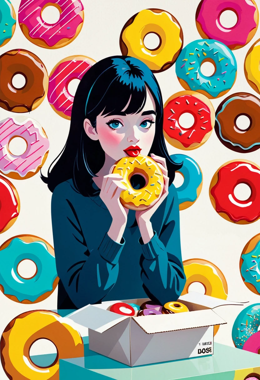 1girl, solo, colorful, Eating a donut, Nearby is a box of donuts, bliss of life, graphic-design, illustration, pop art, Paul Catherall, Keith Negley